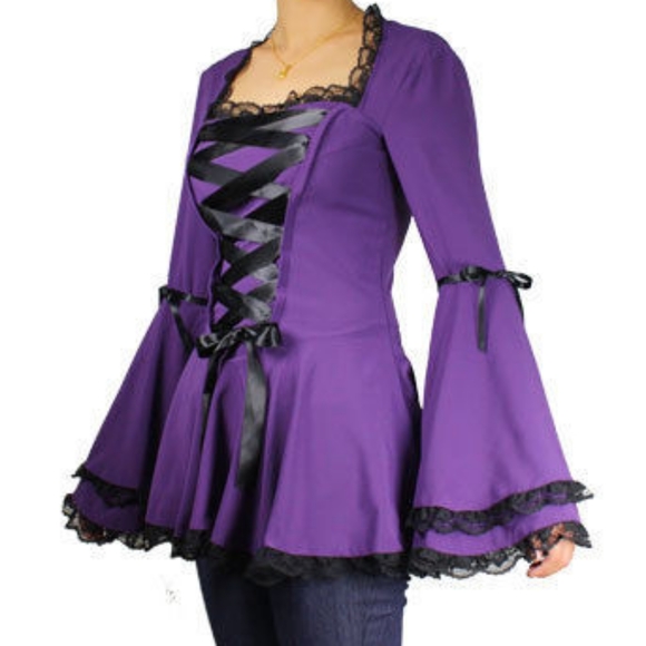 Purple Lace Up Bell Sleeve Top Size 16 (Tag Size 44) - Picture 5 of 12